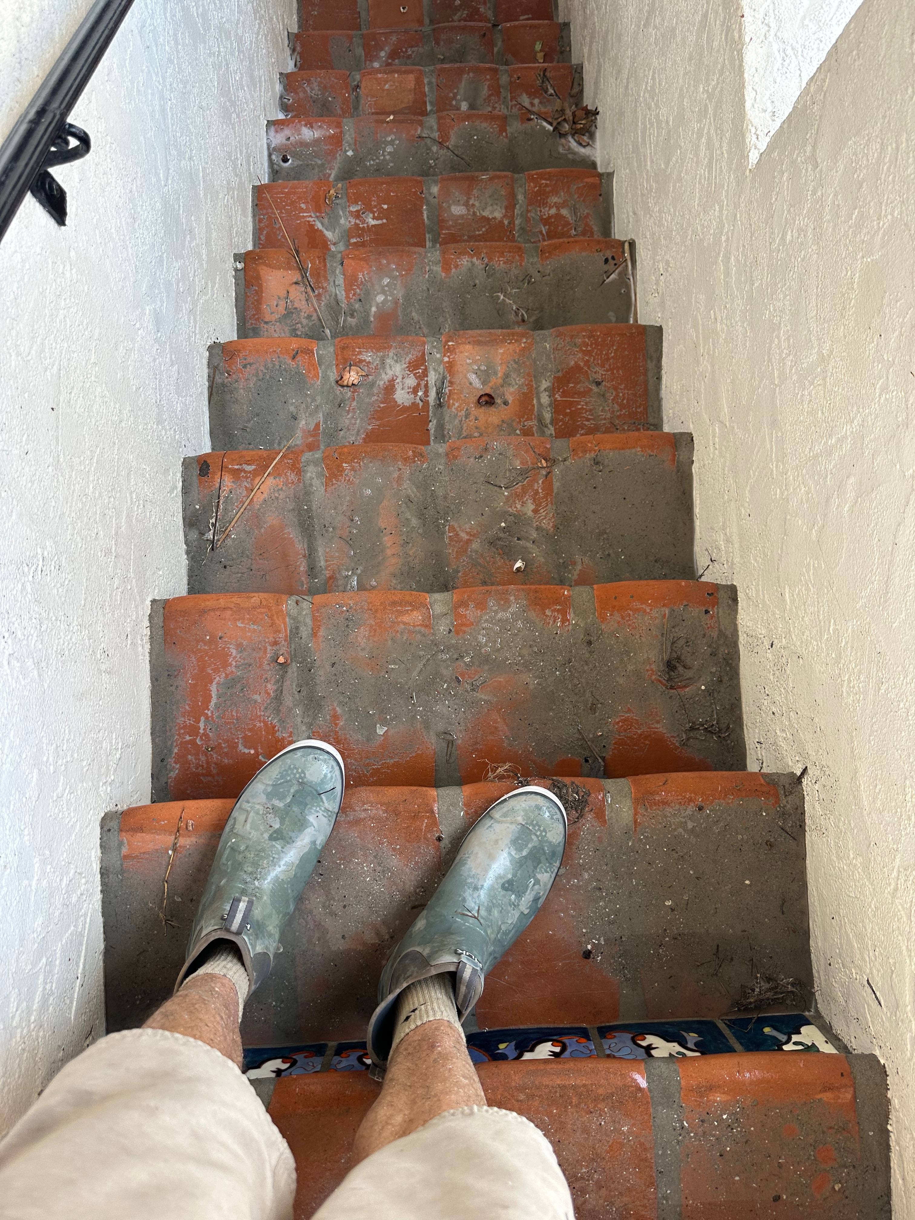 Exterior tile stairs before and after — mold, sand, and staining removed.