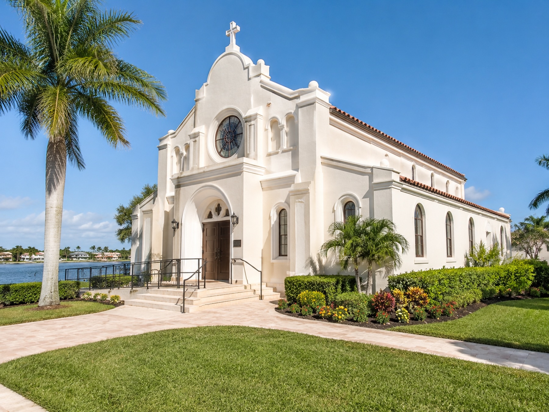 Illustrative institutional exterior rinse — church façade and plaza hardscape.