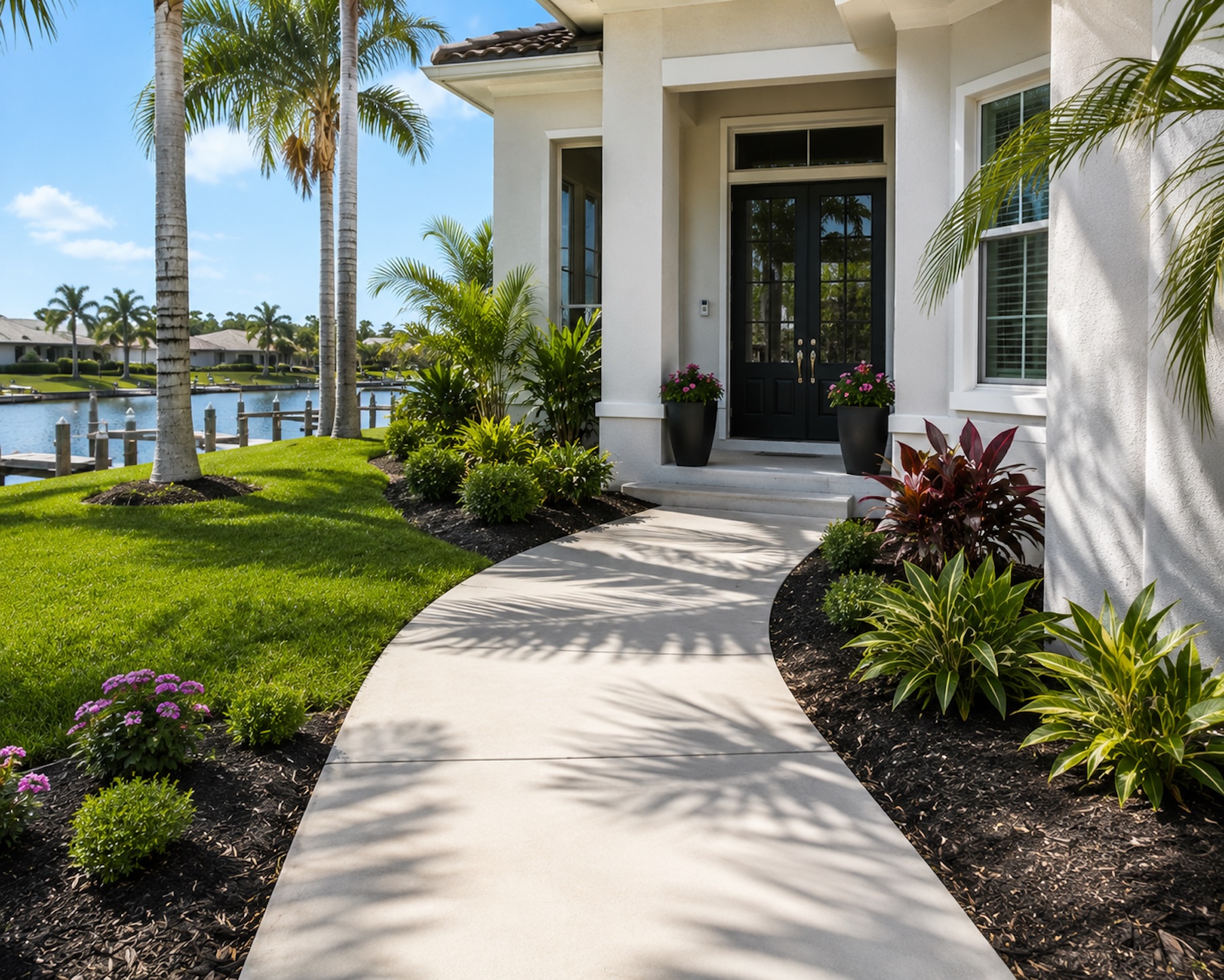 Illustrative entry and walk rinse — arched residential front approach.