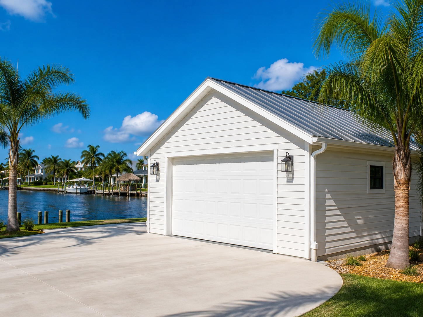Illustrative garage exterior wash — detached coastal garage and apron.