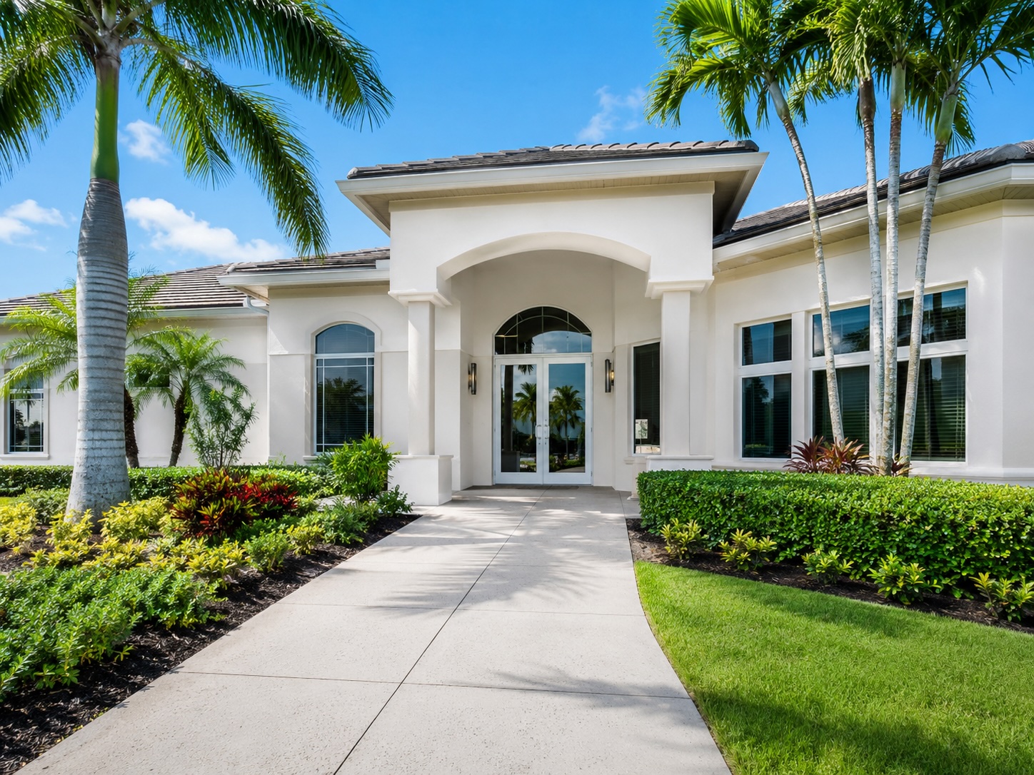 Illustrative clinic exterior rinse — medical building entry and walks.