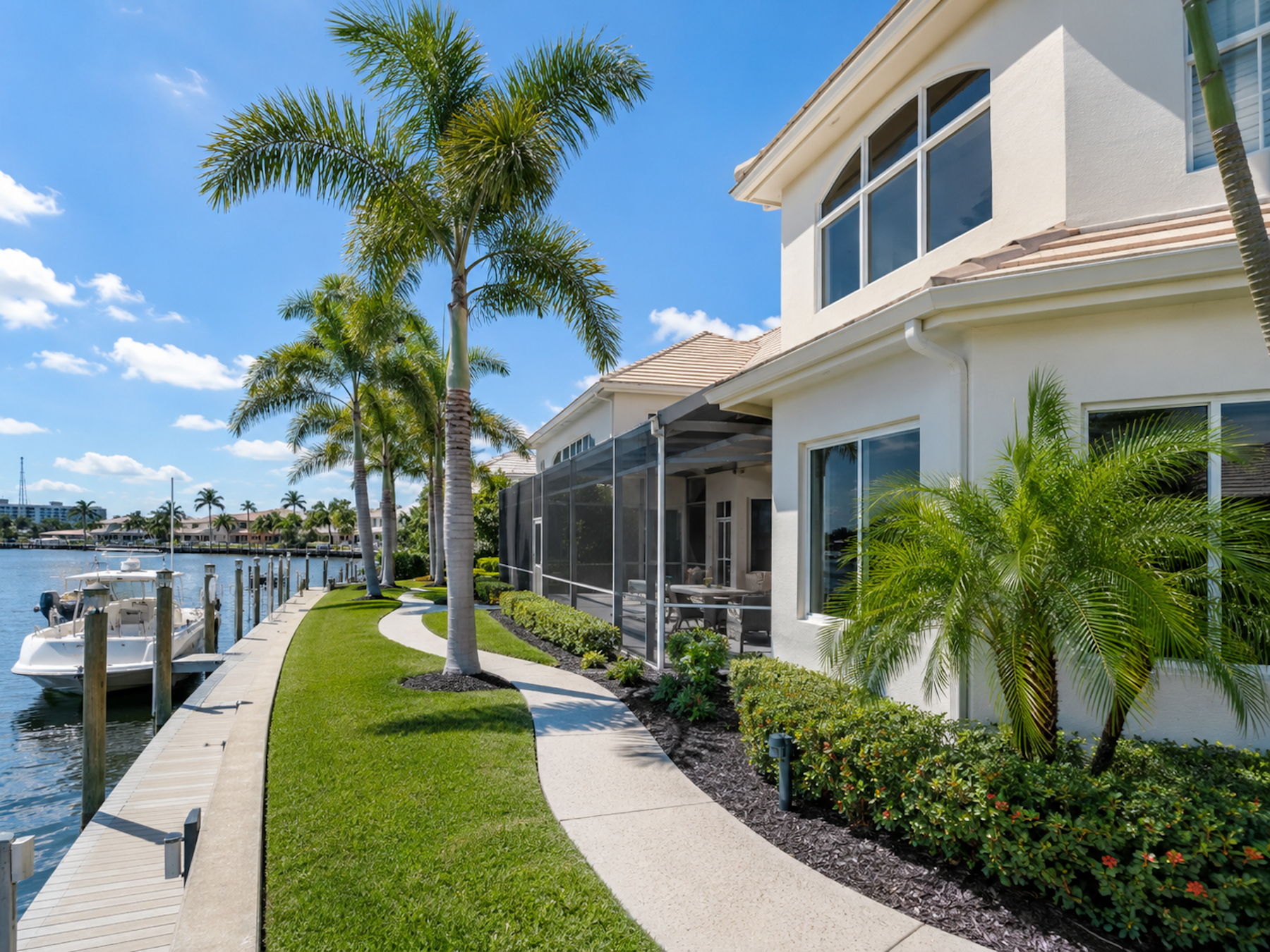 Illustrative soft-wash result — two-story waterfront home with clean siding.