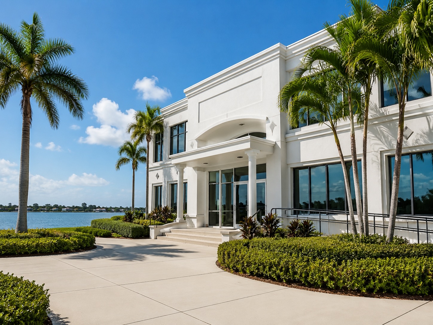 Illustrative office exterior rinse — waterfront professional building and walks.