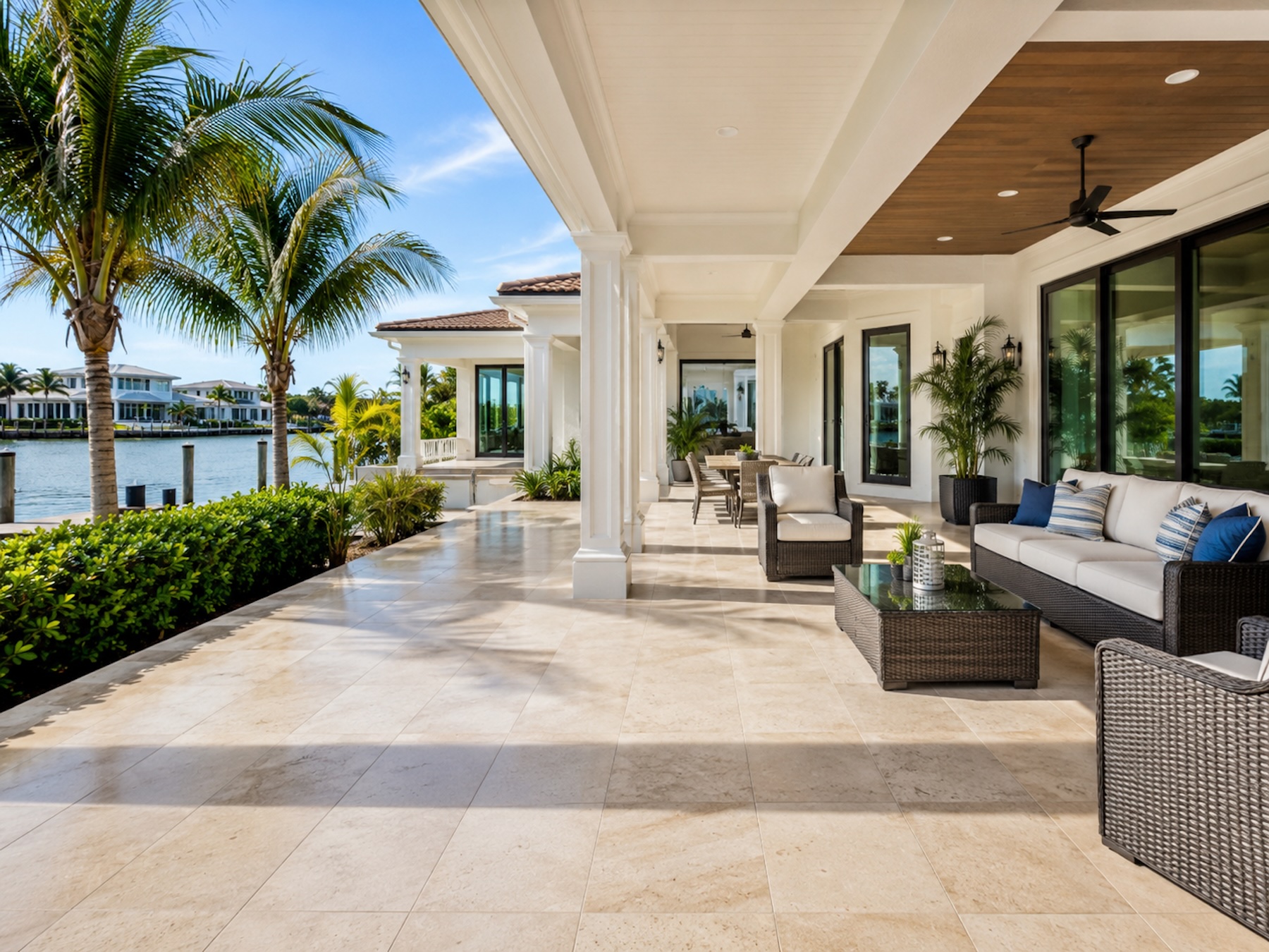 Illustrative outdoor living patio — screened lanai and waterfront hardscape.