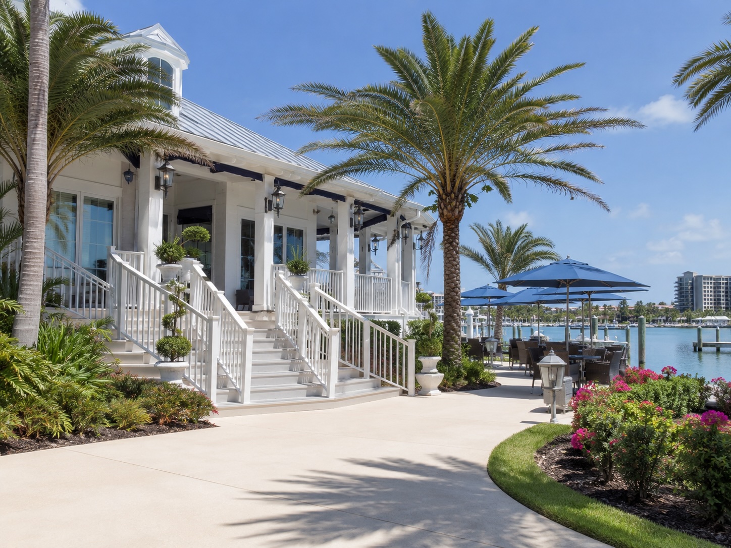 Illustrative restaurant exterior rinse — waterfront dining patio and walks.