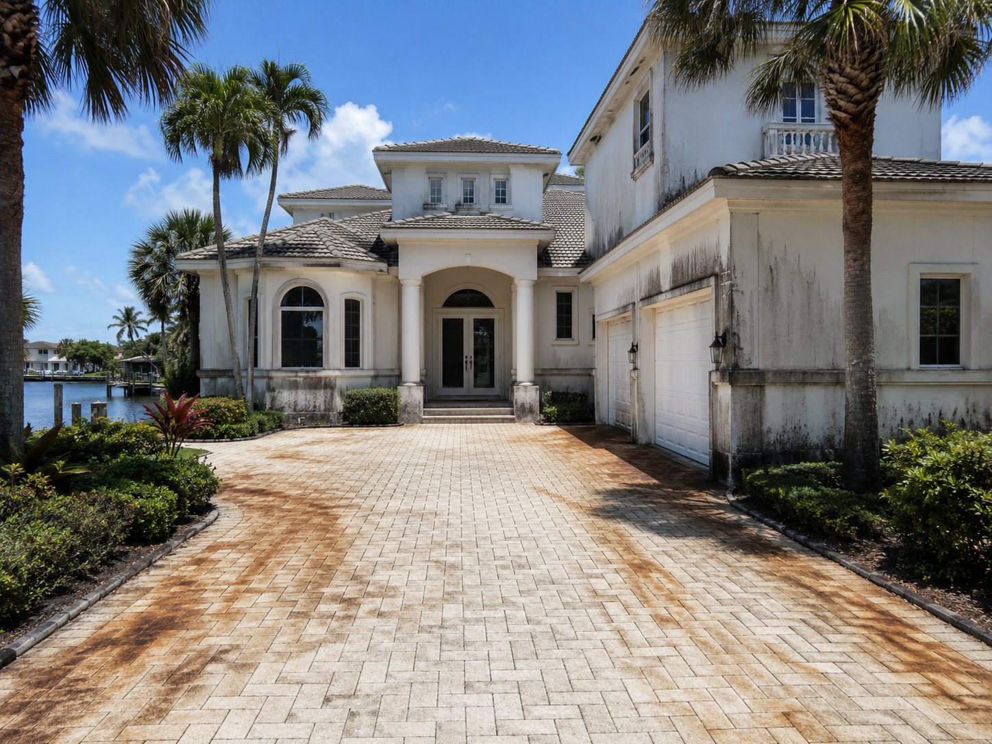 Before/after — mildew on façade and driveway staining removed.