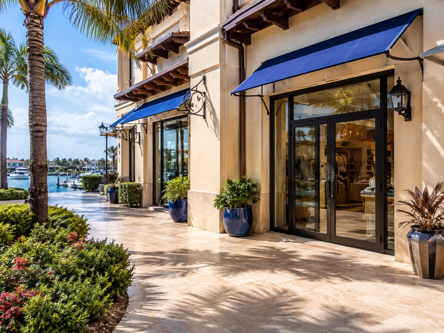 Illustrative retail storefront rinse — walkway tile and building apron.